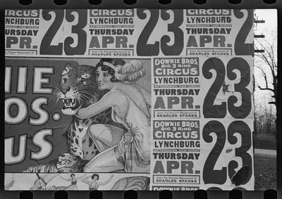 [Posters covering a building near Lynchburg to advertise a Downie…, 1936