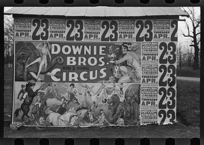 [Posters covering a building near Lynchburg to advertise a Downie…, 1936