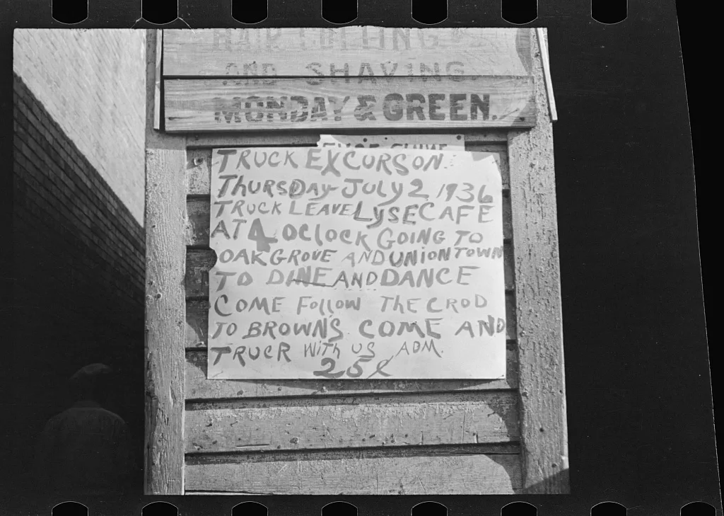 Excursion sign, Alabama, 1936