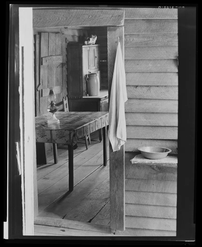 Washstand in the dog run and kitchen of Floyd Burroughs' cabin. Hale…, Alabama, 1936
