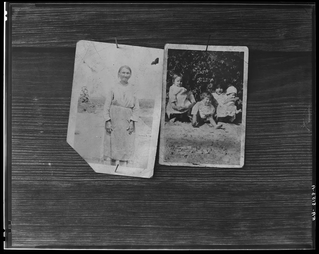 Family snapshots on wall of room in Frank Tengle's home. Hale County,…, Alabama, 1936